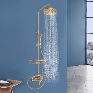 Juego de ducha retro antiguo, 85 – 132 cm, rango de altura ajustable, grifo de ducha de lluvia de latón, juego de ducha con alcachofa y ducha de mano para apartamentos, hoteles, baños