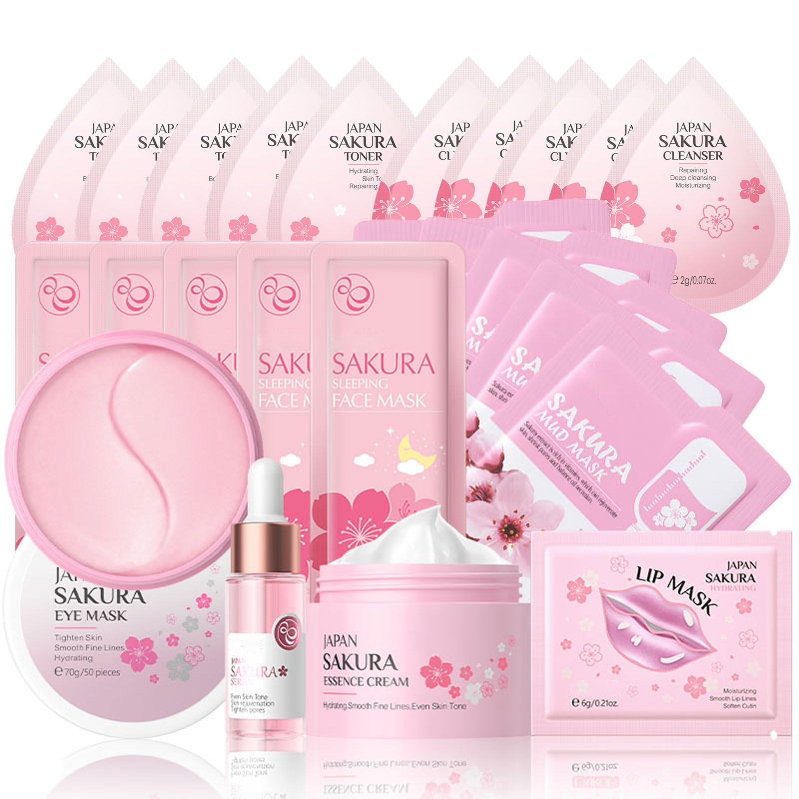 Sakura Sakura Beauty Geschenke für Teenager Mädchen, 8PCS Hautpflege Sets Feuchtigkeit erfrischende, Cleanser, Toner, Serum, Creme, Schlafmaske, Augenmaske, Schlammmaske, Lippenmaske, Mini Skincare Kosmetik