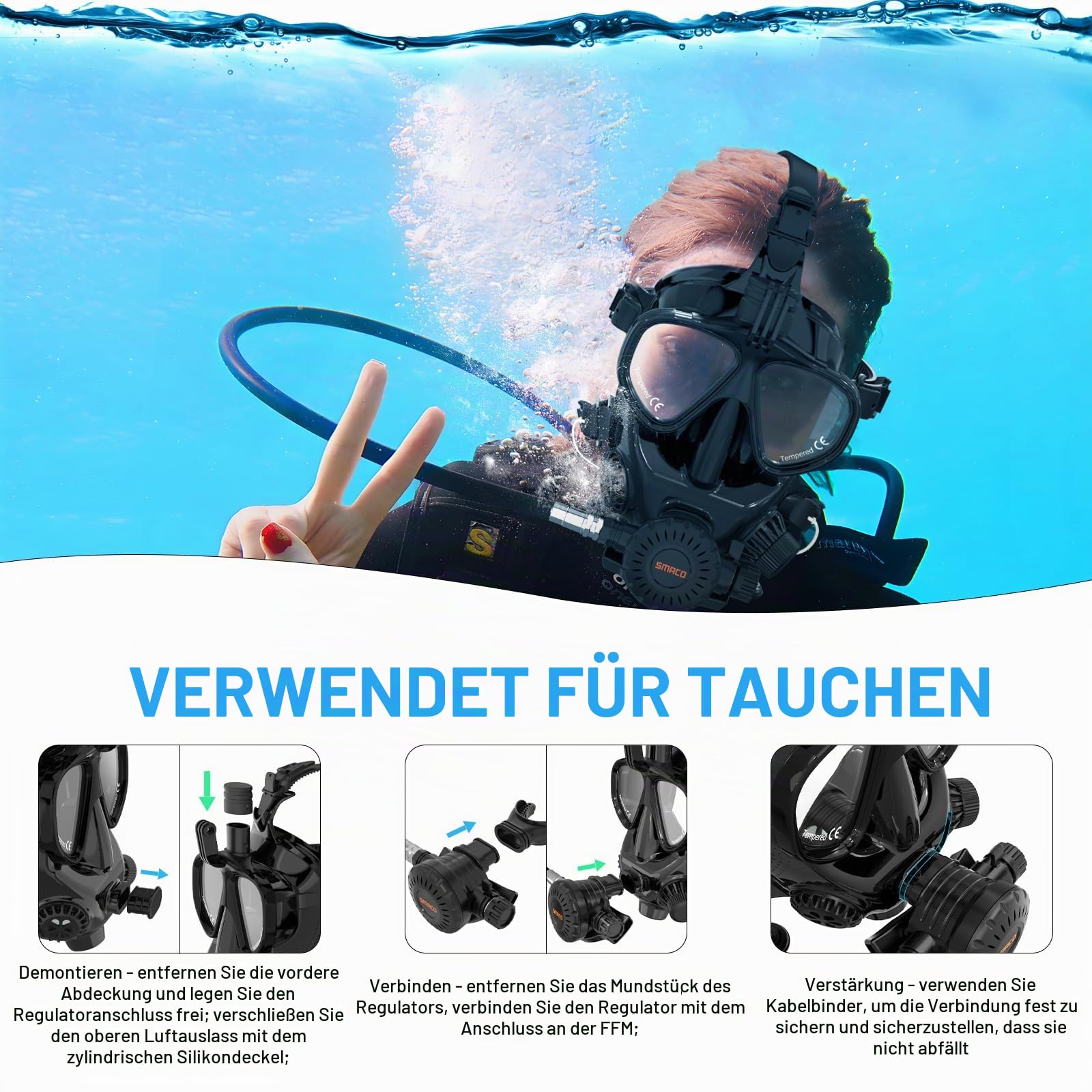SMACO Vollgesichts Tauchmaske unterstützt Tauchen und Schnorcheln Verstellbare Tauchmaske mit Kamerahalterung, bietet 180°-Panoramablick, kompatibel mit SMACO 1L/1,9L Mini-Tauchflaschen