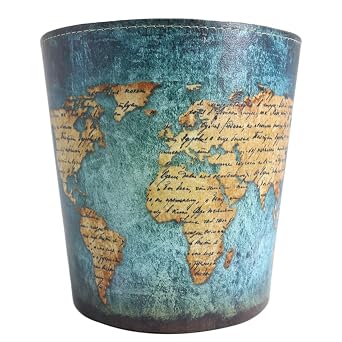 Wastebasket, Retro European Style Household Home Office Round PU Leather Waste Bin Paper Basket Trash Can Dustbin Garbage Bin Waste-Paper Basket Ashcan Ashbin Without Lid - World Map
