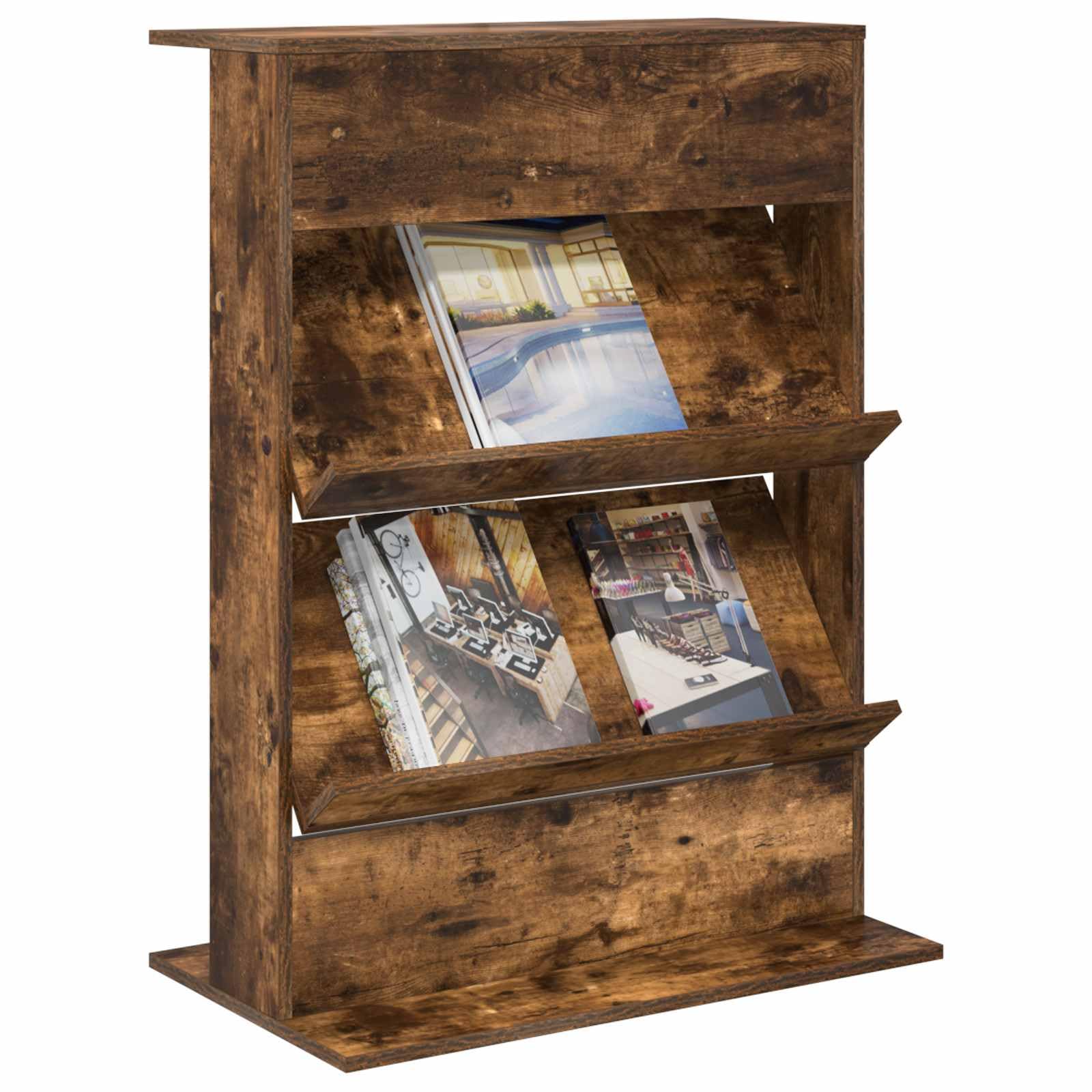 Regał na magazynek z materiału drewnopochodnego w kolorze wędzonego dębu, 70 x 41 x 96 cm, z 2 półkami do przechowywania mediów, salonu, biura, wszechstronny, trwały, nowoczesny design