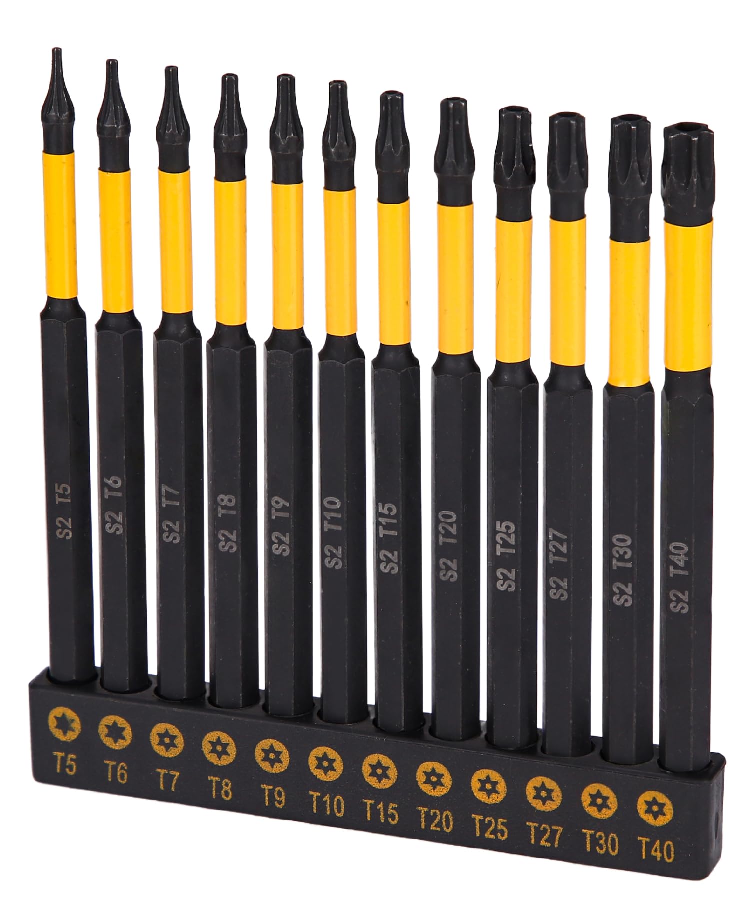 Bates- Impact Security Torx Bit Se, 12 pcs, 4 Inch Long, 1/4" Drive Hex Shank T5-T40, Alloy Steel, Tamperproof Magnetic Star Bits Set