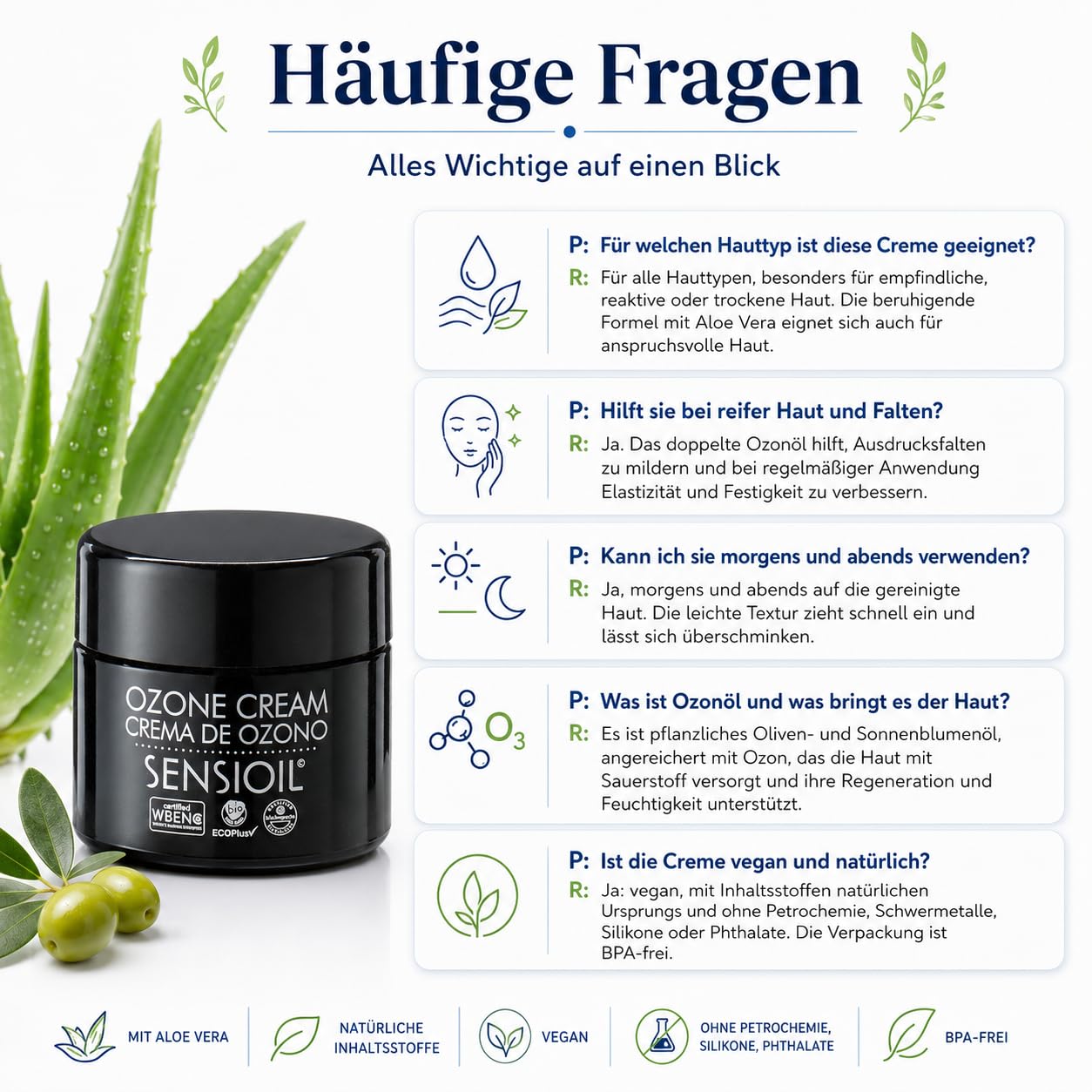 OZOLABS Ozon-Gesichtscreme 50 ml - Feuchtigkeitscreme Anti-Aging für empfindliche Haut | Ozonöl Olive, Sonnenblume + Aloe Vera | Regenerierend für Tag & Nacht | Vegan, Bio | EcoPlus · ISO 9001