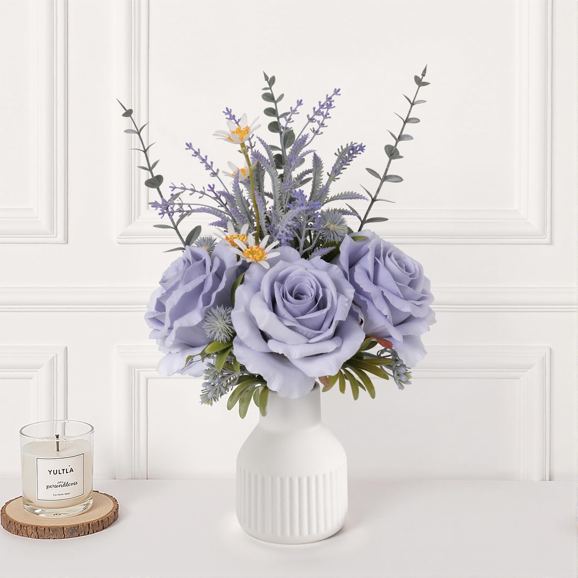 HOPEME Artificial Flowers in Vase, Elegant Dining Table Centrepiece, Silk Dusty Blue Rose Flower Arrangement, Rustic Farmhouse Faux Flowers for Spring Home Décor, Floral Centrepiece for Tables