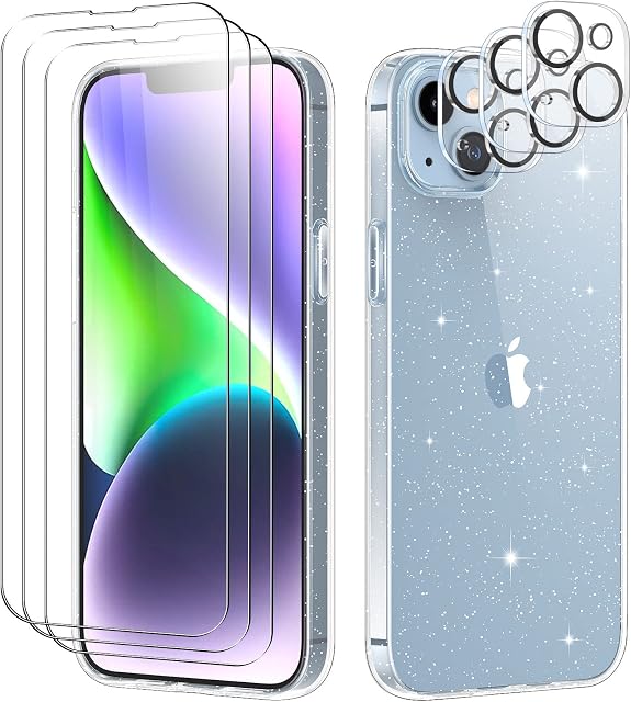 Giolus Glitter Clear Case Compatible with iPhone 14 Plus with 3 Pack Screen Protector with 3 Pack Camera Lens Protector, Soft TPU Bumper Anti-Scratch Shockproof Transparent Sparkly Cover