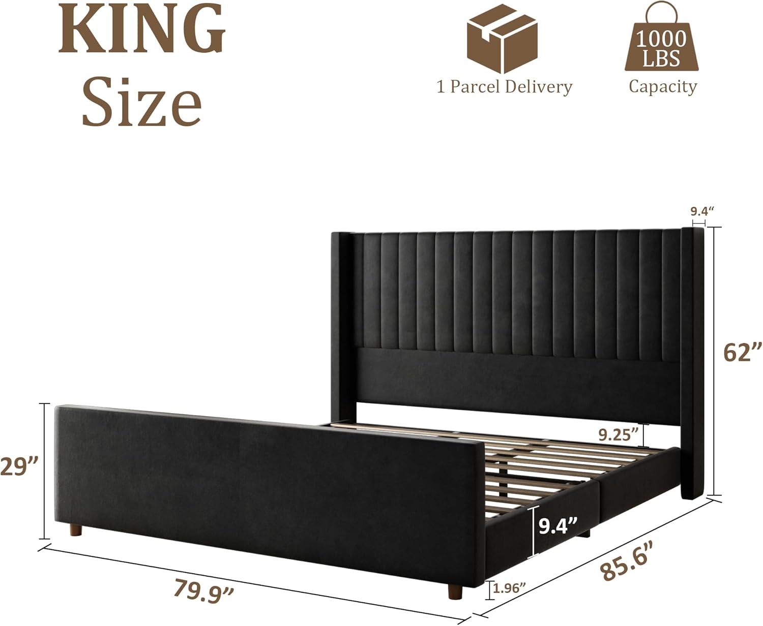 King Size Bed Frame, Upholstered Platform Bed with 62" Tall Headboard & Footboard, Soft Velvet Fabric, No Box Spring Required, Easy Assembly, Black