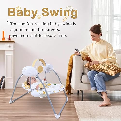 Miniatura 2 de Columpio de bebé para bebé, columpio para recién nacido con música, 5 niveles de velocidad, ajuste de tiempo, cojín suave, columpio plegable para