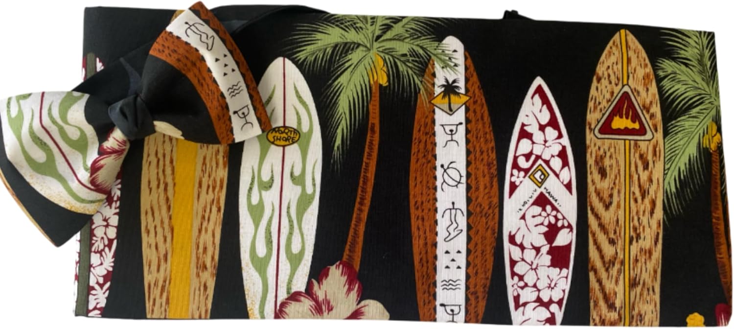 Formal Hawaiian Collection Men's Surfboard Print Cummerbund and Bow Tie Set, Black with Tropical Design, Cotton, One Size, Adjustable Formal Wear for Special Occasions