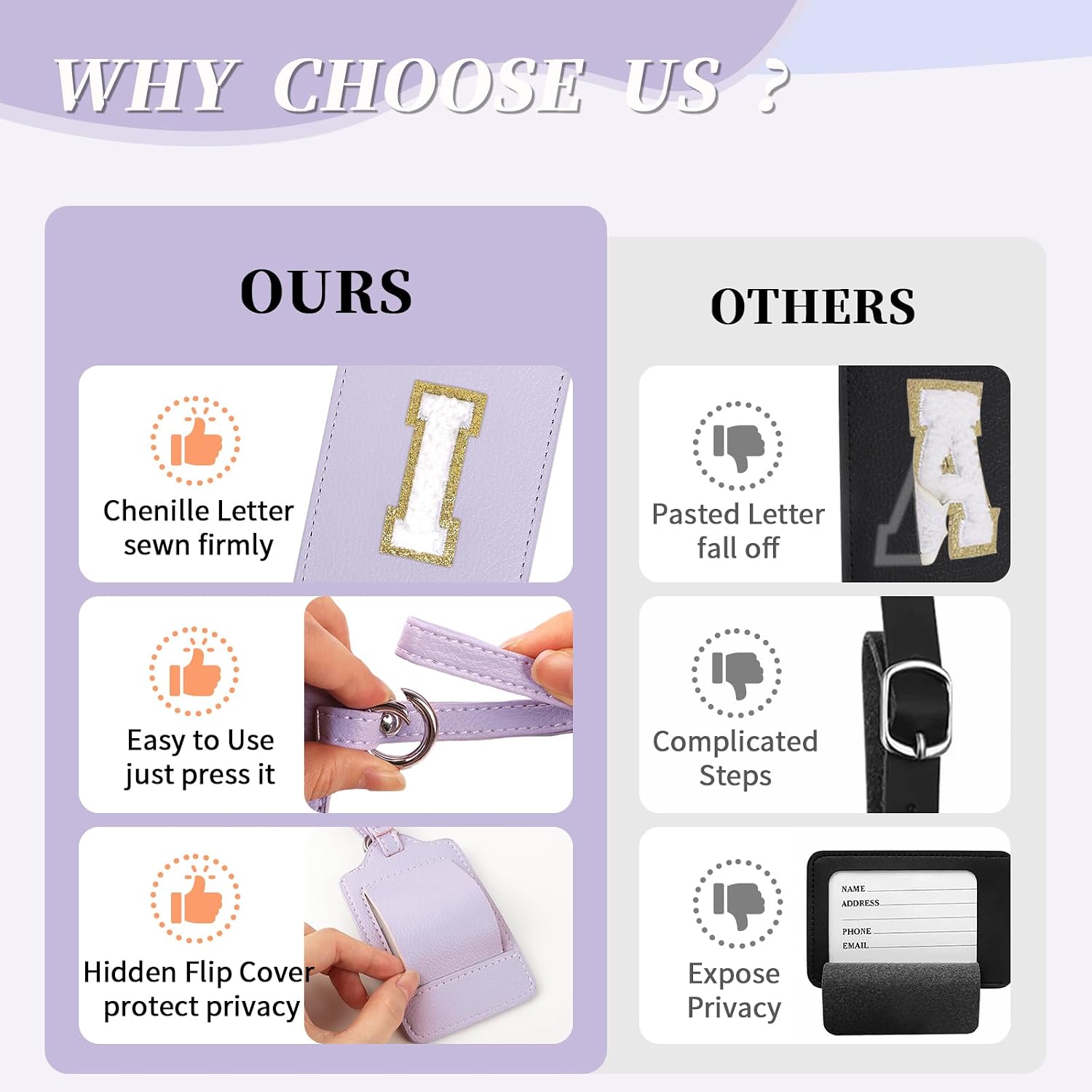 Personalized Initial A-Z Luggage Tag for Suitcases, PU Leather Luggage Tags with Privacy Cover Name Card,Purple Cute Monogrammed Funny TSA Approved Baggage Handbag Tags for Women Kids(1 PACK Letter I) image 5