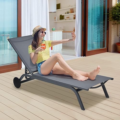 Miniatura 2 de Giantex Tumbona reclinable de aluminio con 6 posiciones de respaldo ajustables y ruedas para patio, playa, piscina, tumbona (1, gris)