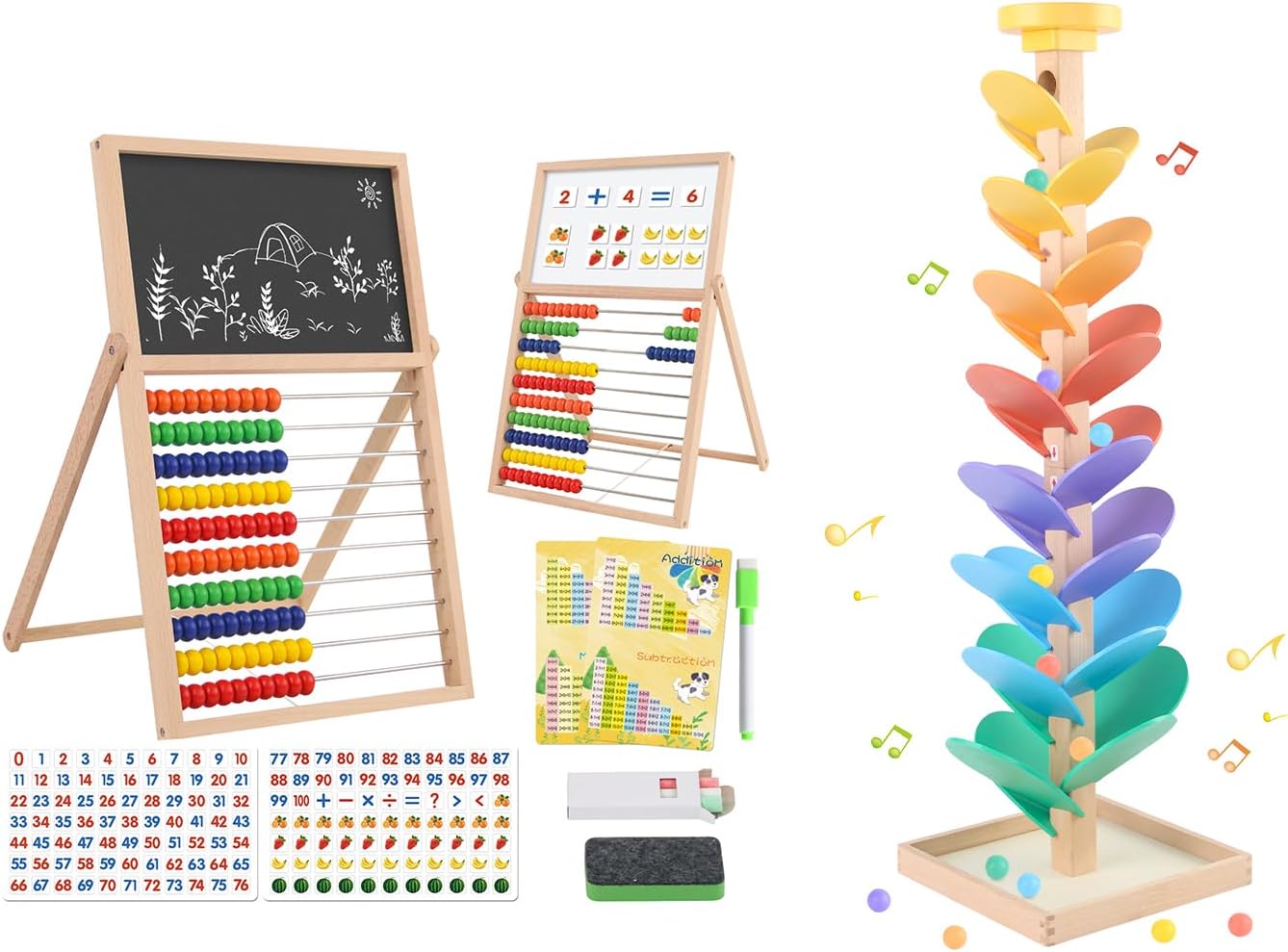 Wooden Marble Run Wooden Abacus with Double-Sided Drawing Board