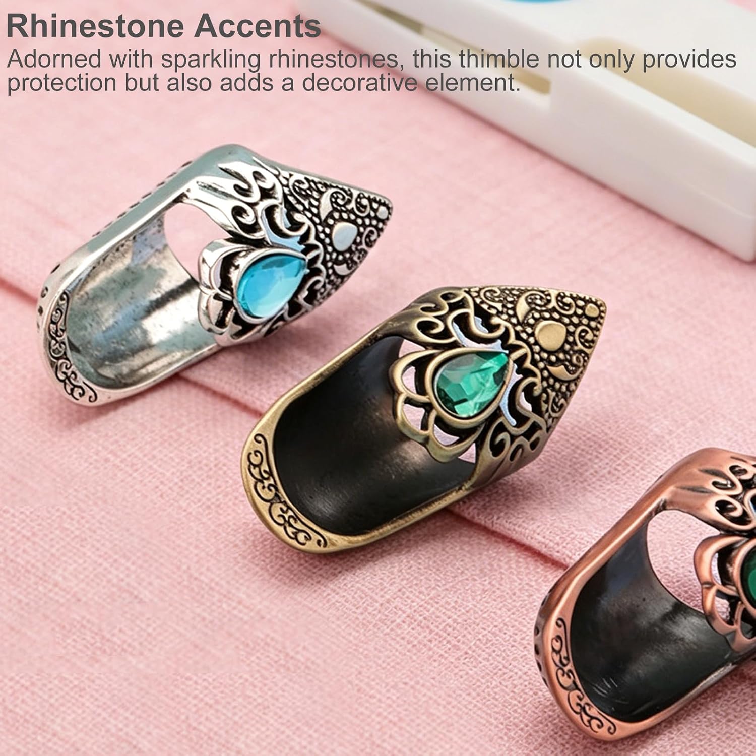Elegant European Court Style Copper Sewing Thimble Finger Protector with Rhinestones for Hand Embroidery, Cross Stitch, Knitting, and Quilting (Red)