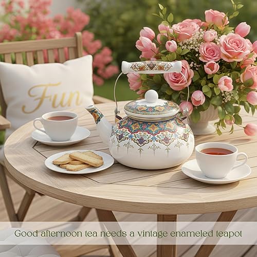 Miniatura 8 de ZOOFOX Hervidor de té esmaltado de cerámica, 2.6 cuartos de galón, tetera grande floral colorida con asa para estufa, olla retro de agua caliente,