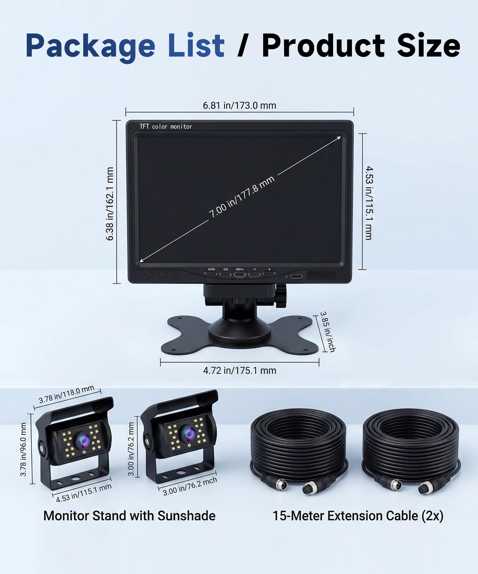 Camera de Recul pour Voiture 2 Caméras avec Moniteur LCD 7 Pouces, Caméra de Recul IR Vision de Nuit étanche IP68 avec 15M+10M Câble, pour Camping Car/Camion/RV/Remorques/Agricole/Motorhome 12V-24V