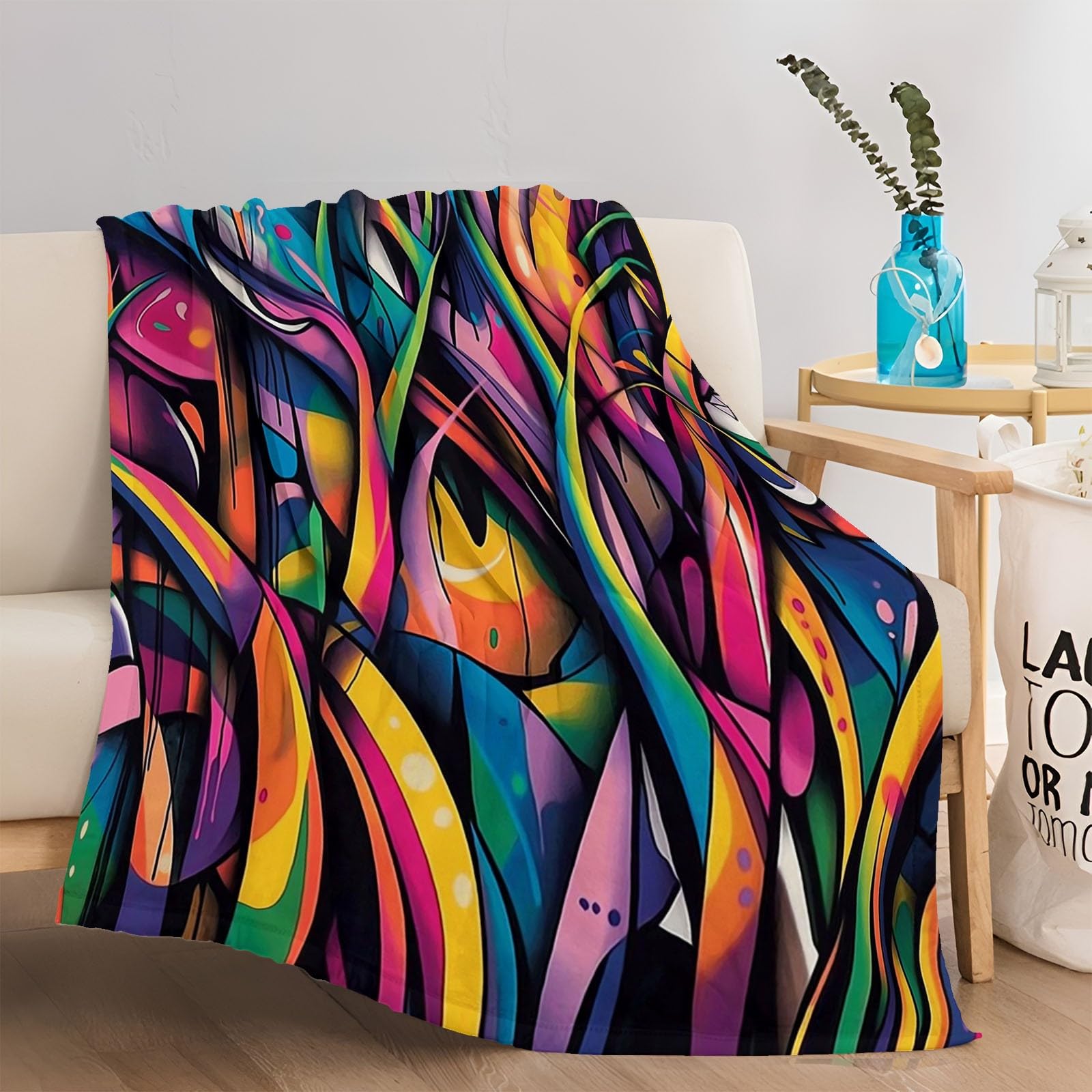 Abstrakcyjny koc w paski graffiti jesień pościel 180 x 200 cm oddychający koc flanelowy czerwony zielony na podróż na kanapie do sypialni