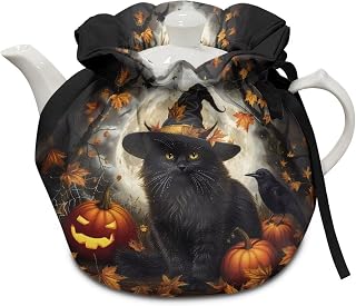Black Cat Tea Cozy for Teapot Insulated Pumpkin Tea Cozies Covers for Halloween Day Resuable Teapot Insulation Cover with Drawstring,Designed in England Breakfast Warmer