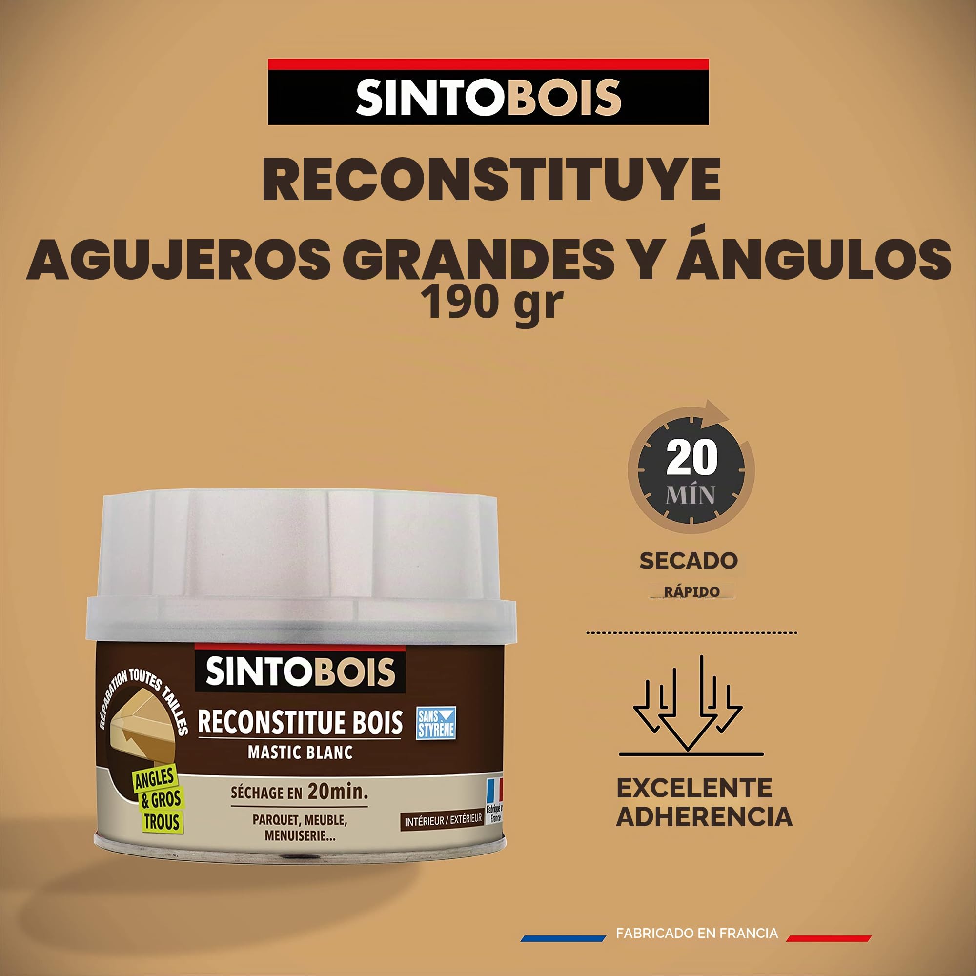 Sintobois – Masa para madera – Ángulos y grandes agujeros – Reconstituye las partes faltantes – Interior exterior – Alta resistencia y adherencia, seca en 20 minutos – Chene – Técnica profesional –