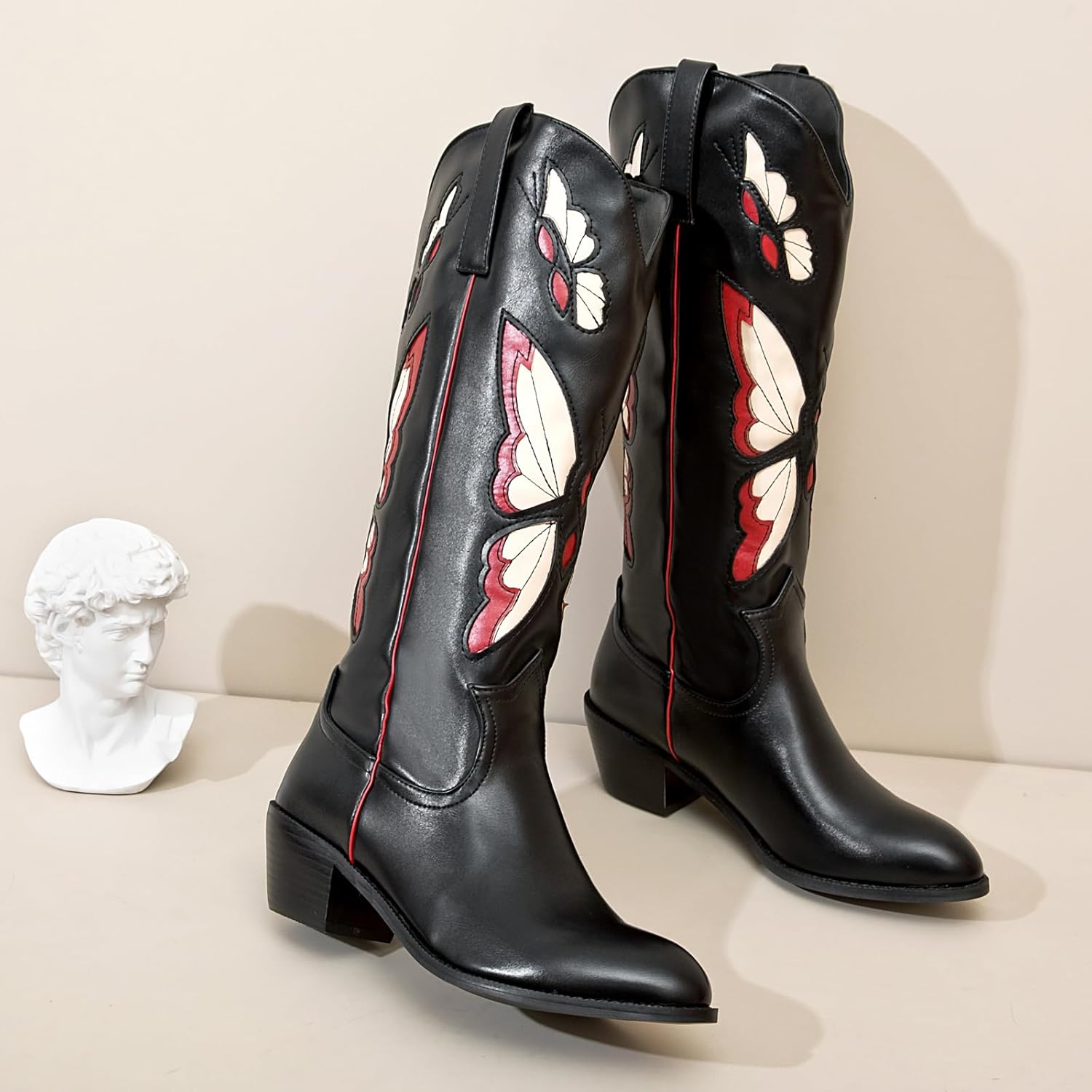 WONDERWAY Women Embroidery Cowboy Boots Pointy Toe with Chunky Heel boots Western Knee High Classic Retro Country Boots Shoes - Image 2