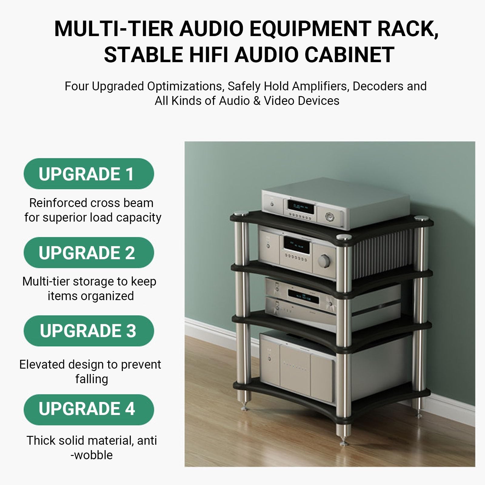 Mobile HiFi Rack Audio Stand Multi-Tier, Scaffale AV Media Cabinet Legno | Mobiletto Audio Portastereo con Punte Isolanti in Metallo per Amplificatore & Giradischi(Teak,3-Tier)