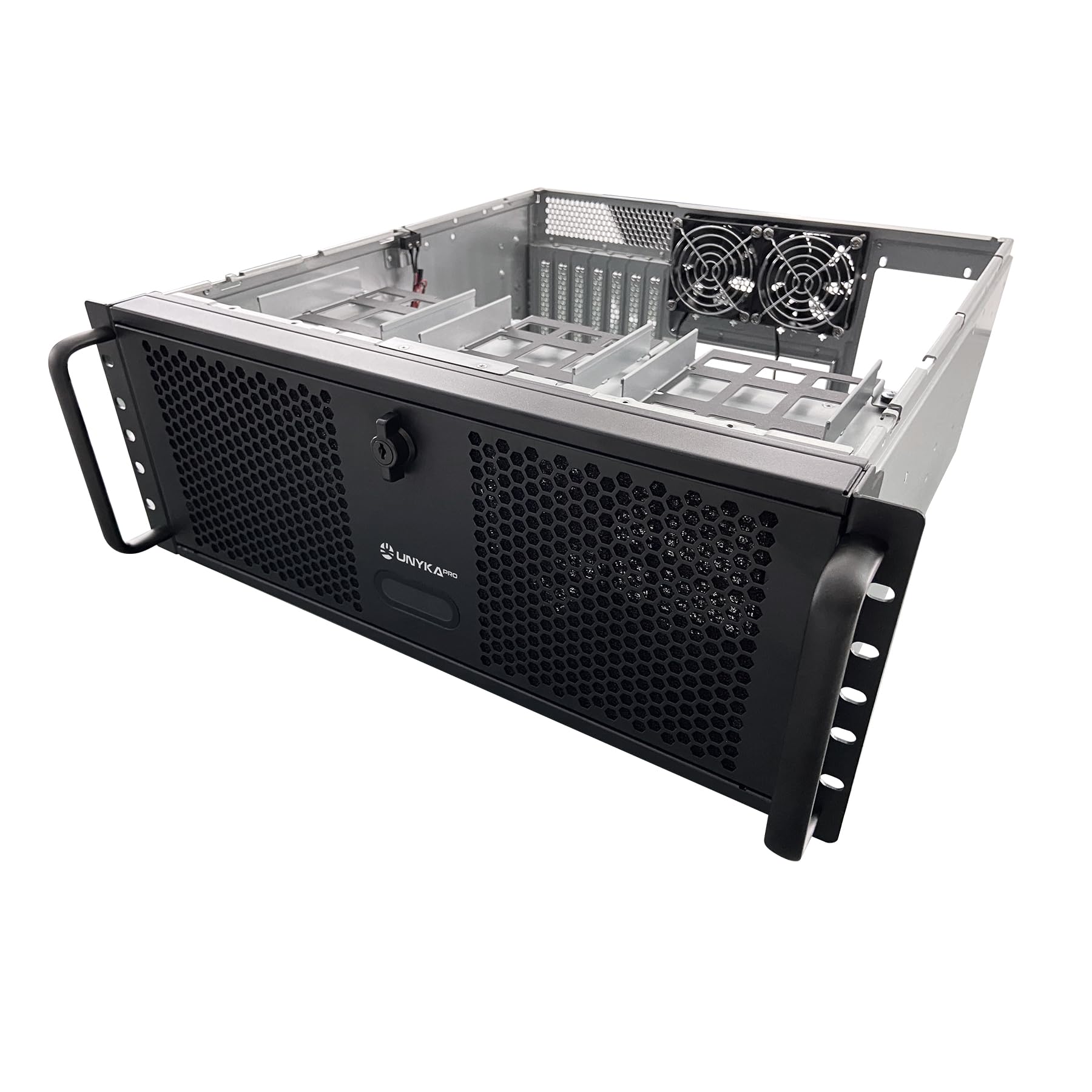 UNYKAch Scatola Rack UK4339 Formato 4U 19" ATX, compatibile con refrigerazioni liquide da 360 mm (supporto incluso), chiusura con chiave, 1 USB 3.0 e 1 USB Tipo C e 2 ventole da 80 mm