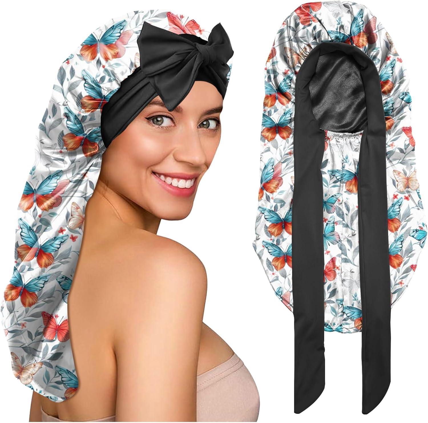 Silk Long Satin Hair Braid Bonnet for Sleeping Adjustable Double Layer Elastic Reusable Long Hair Caps Cute Women