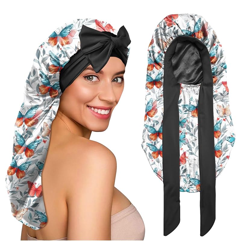 Touca de cetim dupla para cabelos longos BHAHB com trança, elástico ajustável e estampa Butterfly