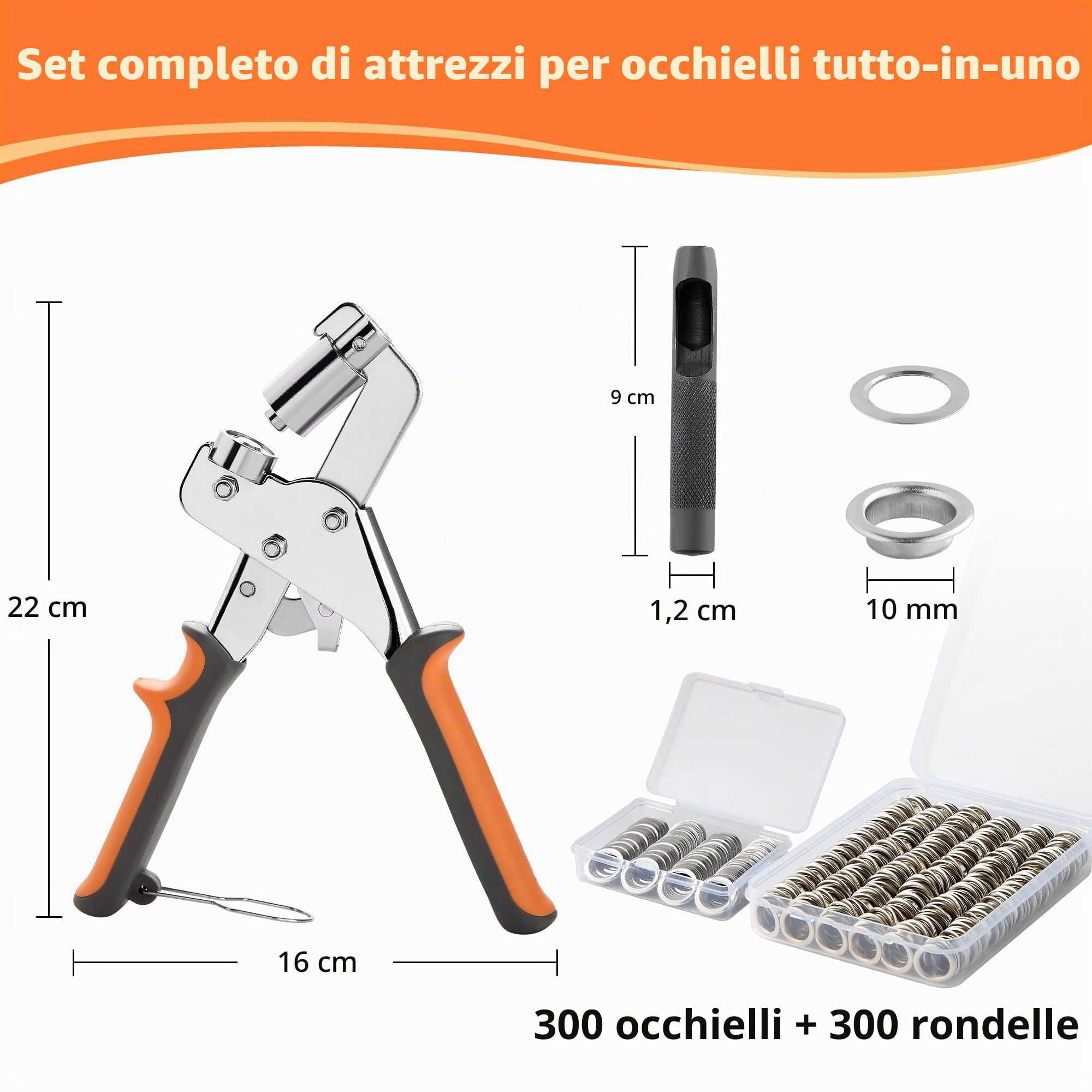 Pinza occhiellatrice manuale set con 1 Pinza per occhielli metallici, 1 punzone in acciaio, 300 paia di occhielli per teloni e rondelle, per tessuti, pelle, jeans e occhielli per tessuti