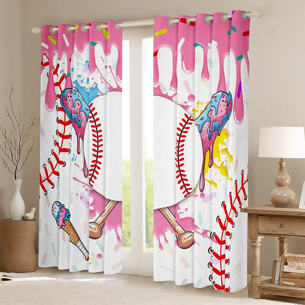 Homewish Baseballowe zasłony okienne, 117 x 183 cm, 2 panele – urocze estetyczne zasłony zaciemniające z lodami, pastelowe różowe, graffiti, sportowe zasłony okienne, do sypialni