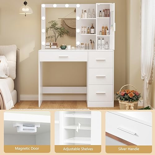 Vista 84 de usikey Escritorio grande de tocador de 47.2 pulgadas con espejo iluminado, 14 luces, mesa de tocador de maquillaje con 5 cajones grandes y estación