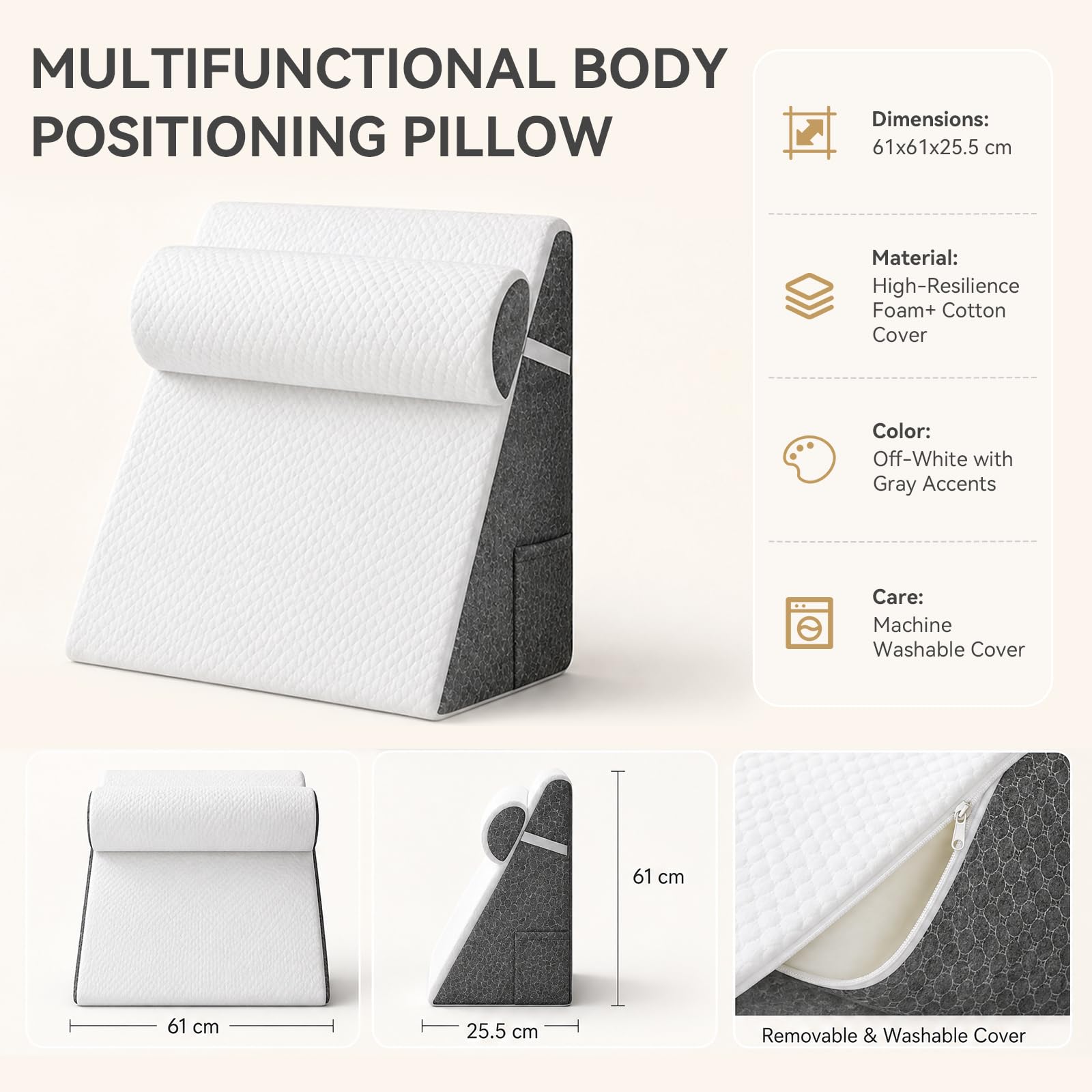 Cuña ortopédica 3 en 1, Alta Elasticidad, 61 x 61 x 25,5 cm | Funda de algodón lavable gris y blanco, espuma, antideslizante, ideal para dormir, leer, elevar las piernas