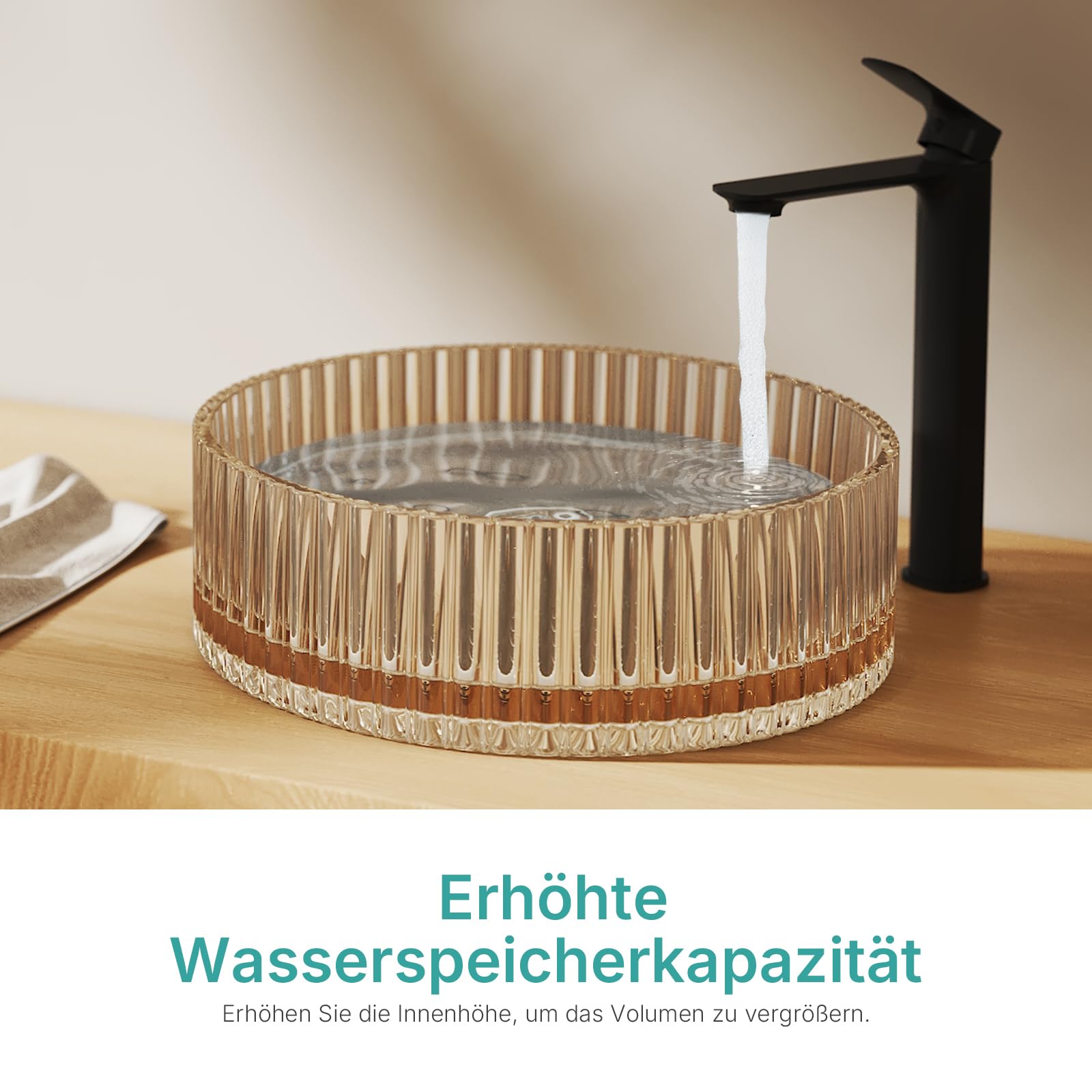 EMKE Lavabo da appoggio in vetro rotondo 40,0 × 40,0 × 12,0 cm – Design lavabo in vetro grande volume per bagno e WC degli ospiti, lavabo senza foro per rubinetto, oro rosa