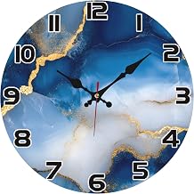 Blue Gold White Marble 10 Inch Wall Clock Sattery Operated Round Small Wood Clock Silent Non-Ticking Clocks for Kitchen Bedroom Living Room Bathroom Office Home Decorative