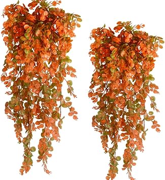 2pcs Artificial Hanging Fall Plants Fake Hanging Plant Faux Eucalyptus Leaf Greenery Vine Outdoor UV Resistant Plastic Plants 2, Fall Orange