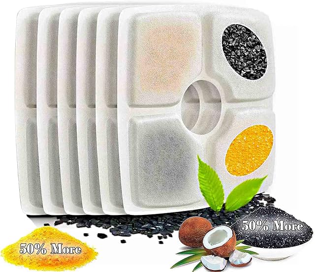 Cat Water Fountain Filters 6 Pack, 50% More Resin & Activated Carbon Filters,Genuine Square Replacement Filters for 84oz/2.5L Pet Fountain Dog Cat Drinking Water Dispenser Quadruple Filtration