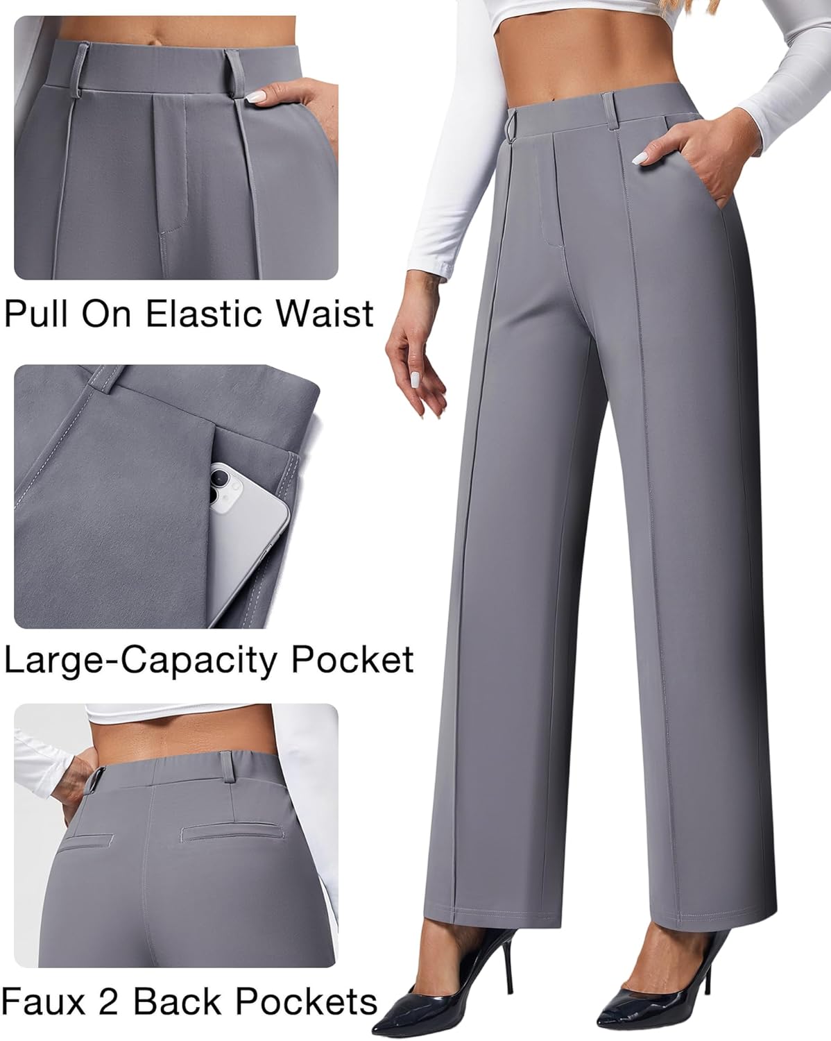 Dress Pants for Women Work Pants Wide Leg Pull On Stretchy Business Casual Trousers High Waisted Slacks with Pockets Grey - Image 4