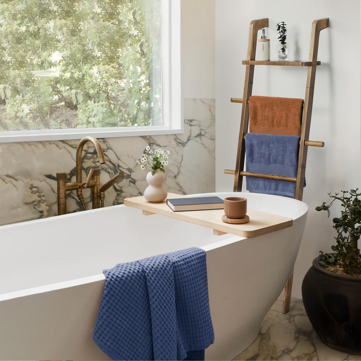 Taozun 67-Inch Wooden Blanket Ladder with Shelf for Living Room - 5-Tier Farmhouse Towels and Quilt Rack Decor - Leaning Wall Display Holder for Blankets and Throws