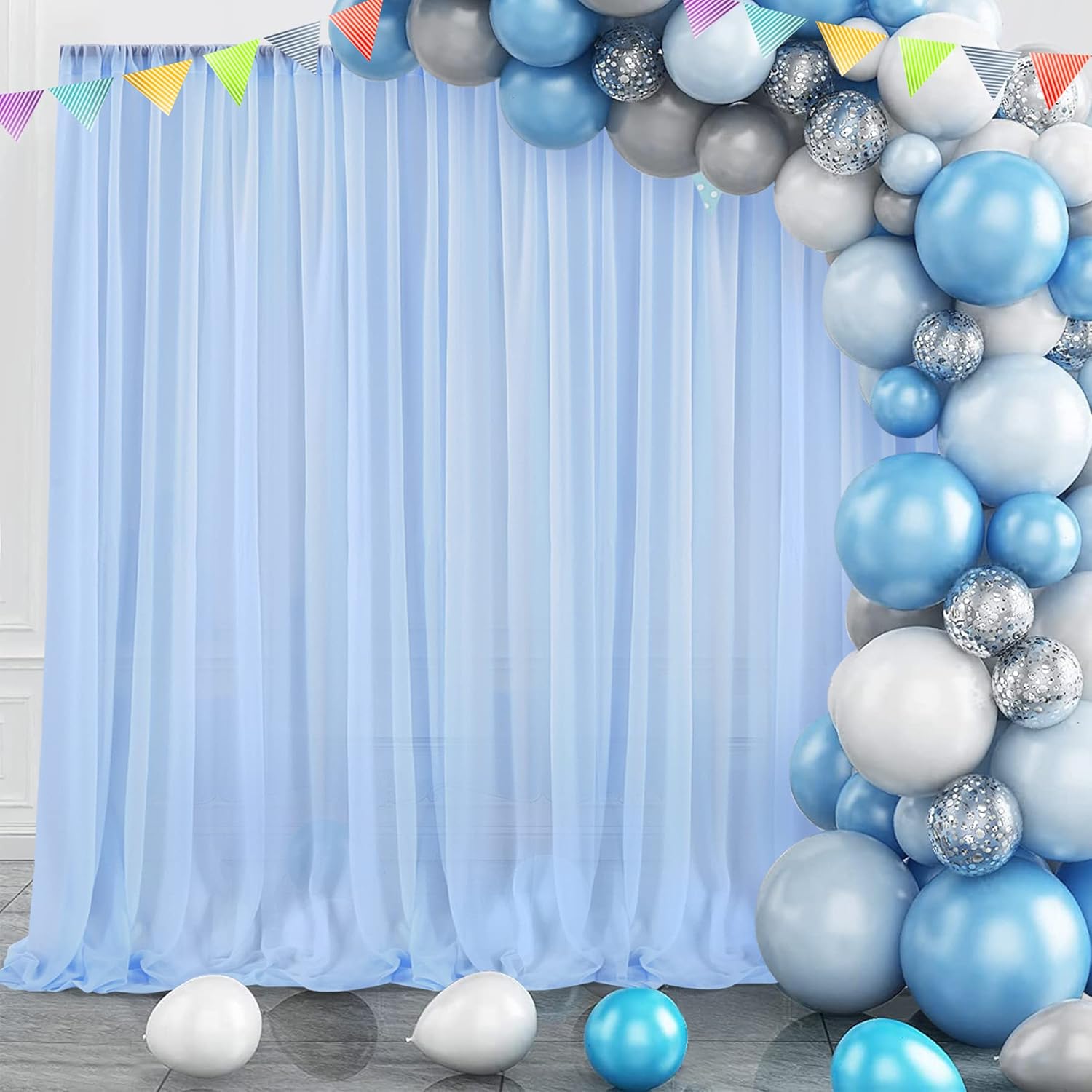PARTISKY 10ftx7ft Blue Chiffon Backdrop Curtains, Wrinkle-Free Sheer Fabric Photo Drapes for Wedding Ceremony Arch Birthday Baby Shower Photography Stage Decor 5ft x 7ft, 2 Panel