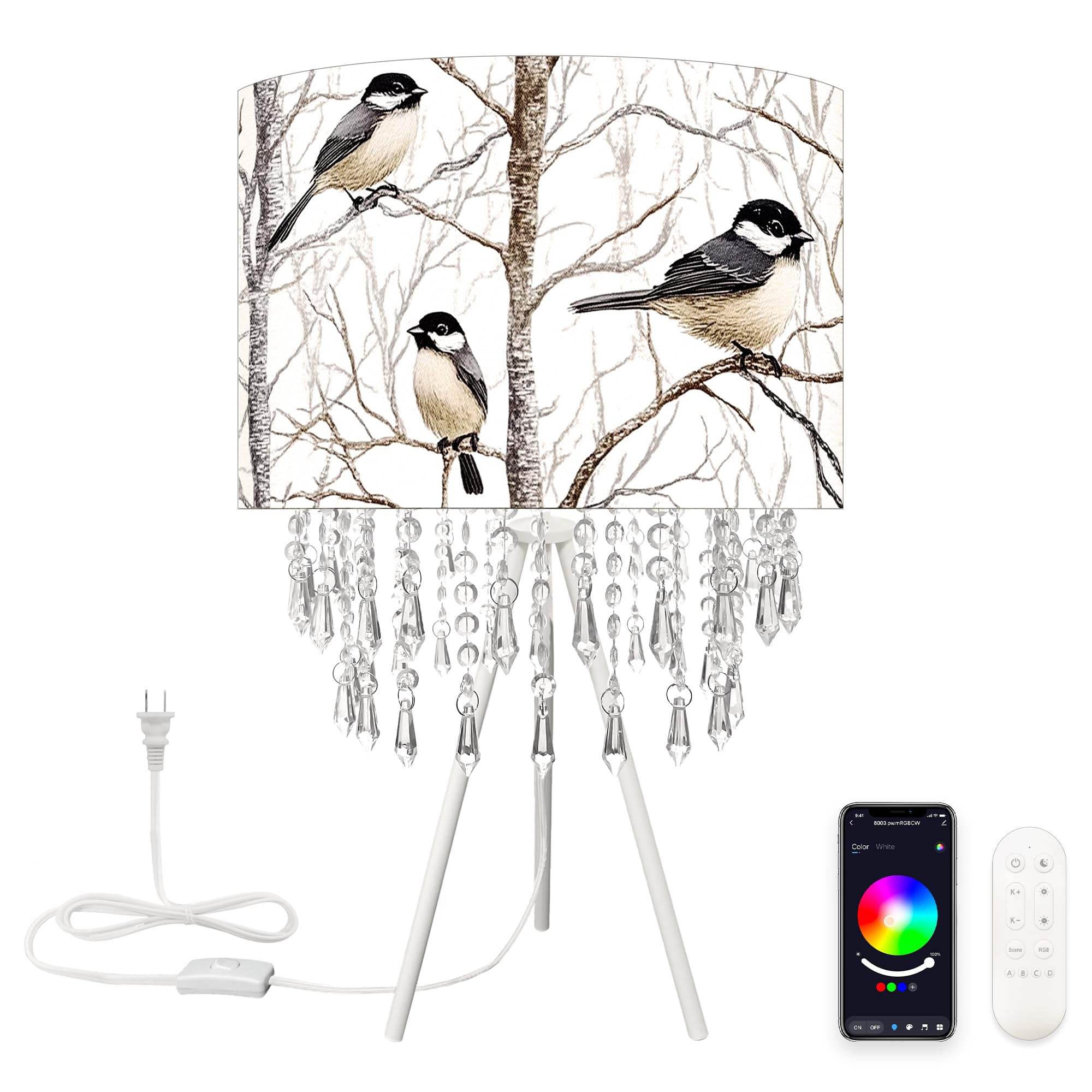 Smart Tripod Table Lamp with Bird Drum Shade, Boho Bedside Lamp with Acrylic Droplets, Dimmable Color Changing E27 LED Bulb Included, Works with Alexa & Google Assistant for Bedroom