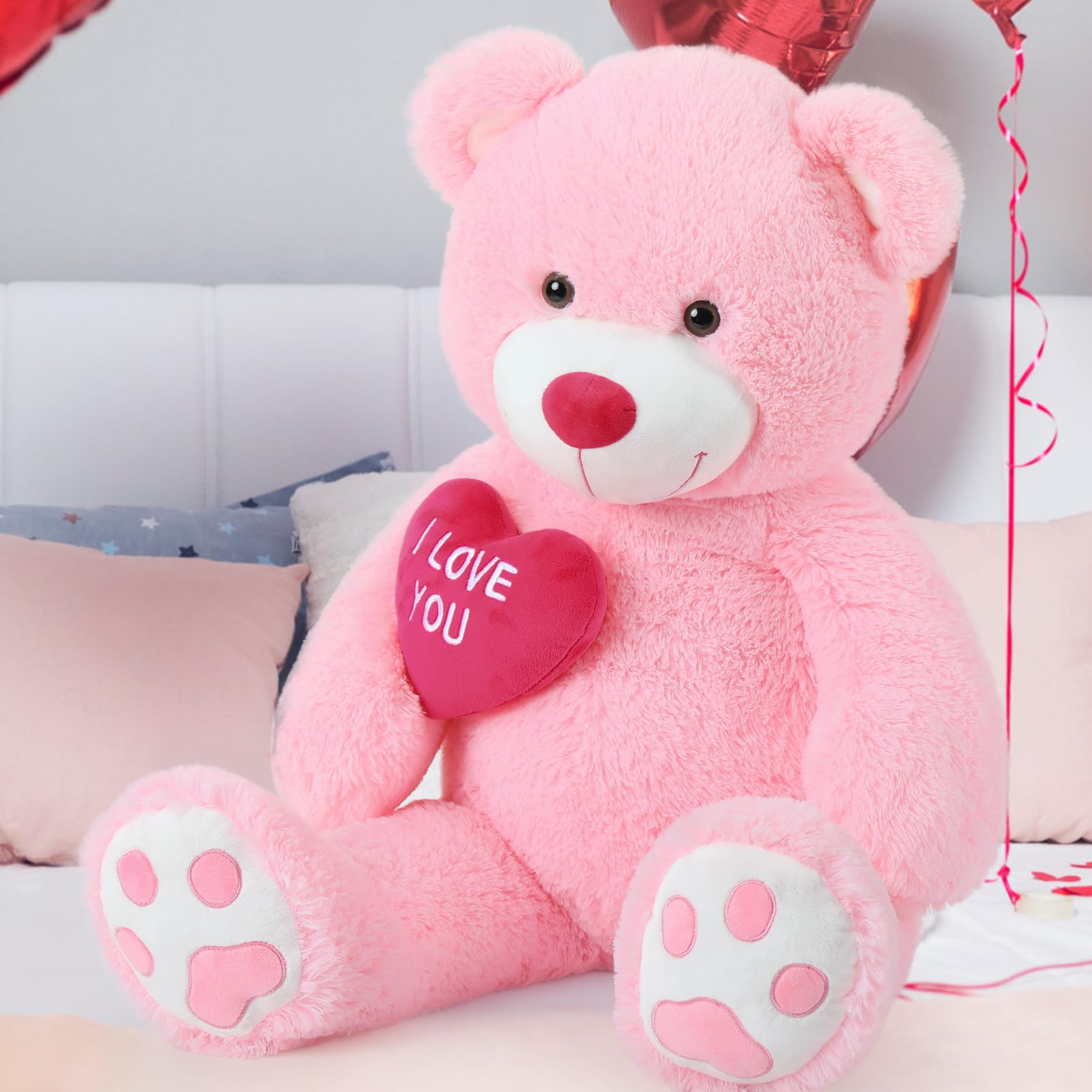 MorisMos 90cm/36in Cute I LOVE YOU Teddy Bear, Large Cuddly Super Soft Teddybear, Fluffy Stuffed Teddys Plush Toy Gifts for Kids Girls Wife Girlfriend Birthday, Party Decor 3ft Pink