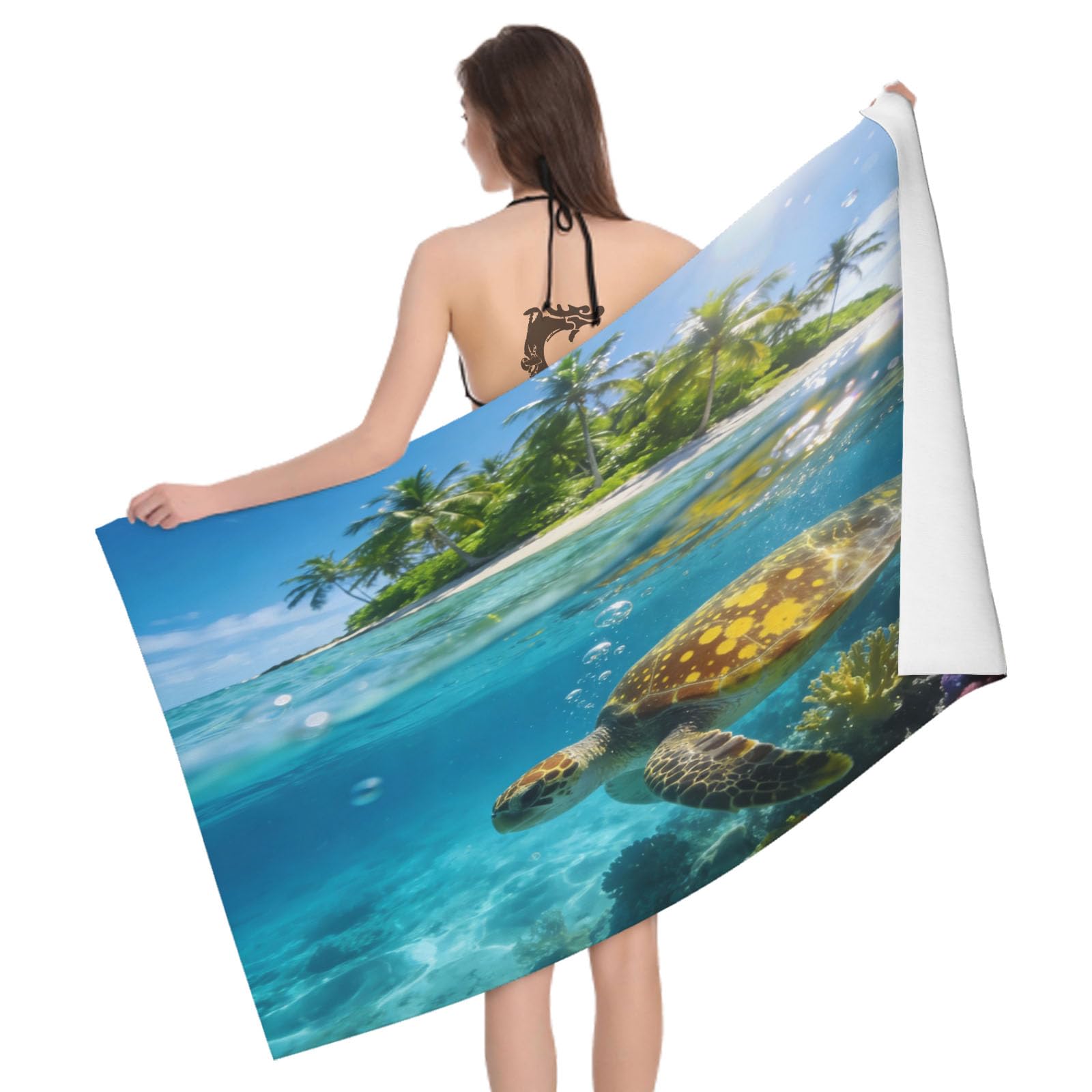 Leichong 3D Sea Turtle Beach Towel Microfiber Soft Quick Dry for Adults, Coral Reef Bath Towel Lightweight Soft Absorbent for Travel Swimming Pool Sports, 75 x 150 cm
