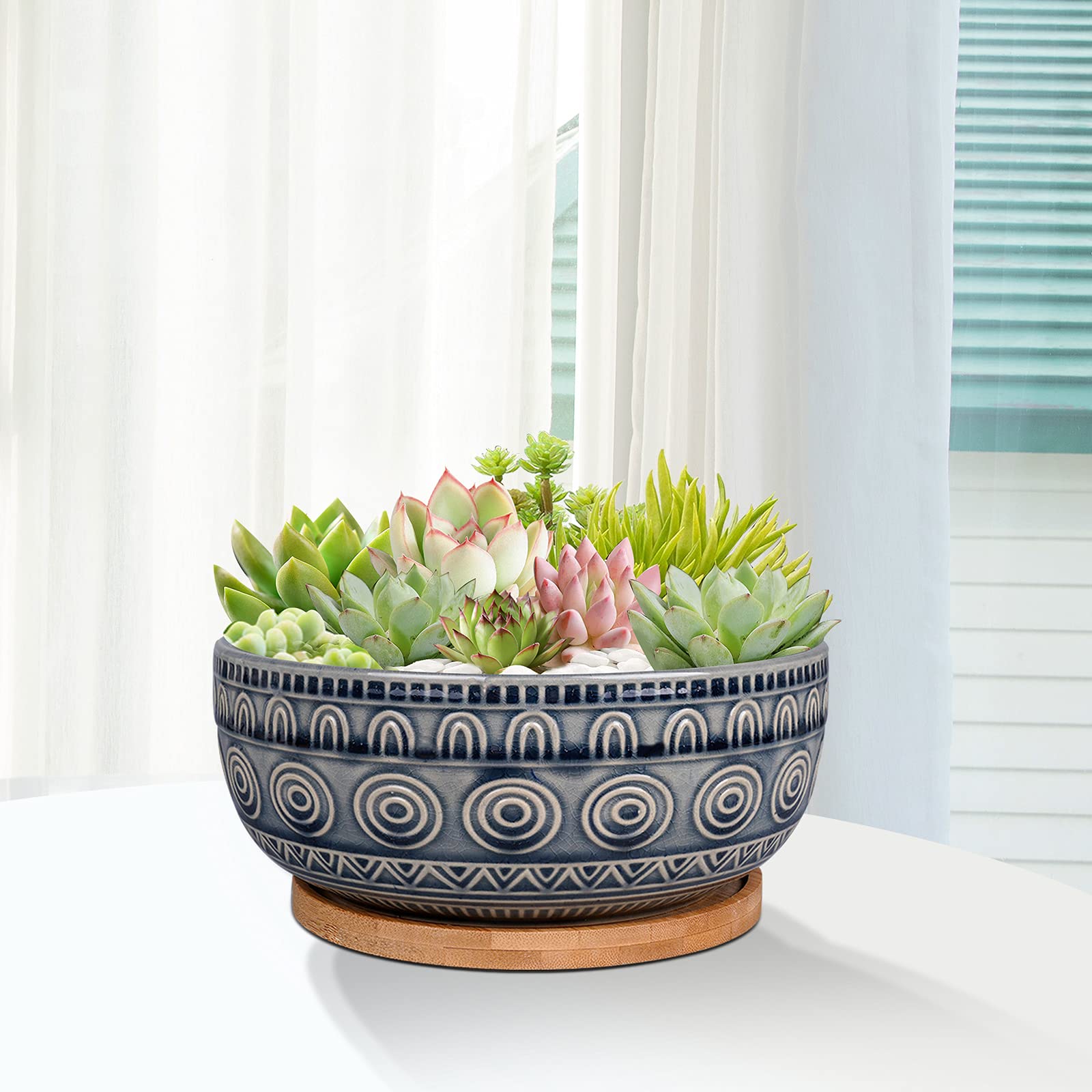 Eightpot 8 Inch Ceramic Succulent Planter Pot with Drainage Hole and Saucer Round Shallow Planter for Indoor Plants, Blue