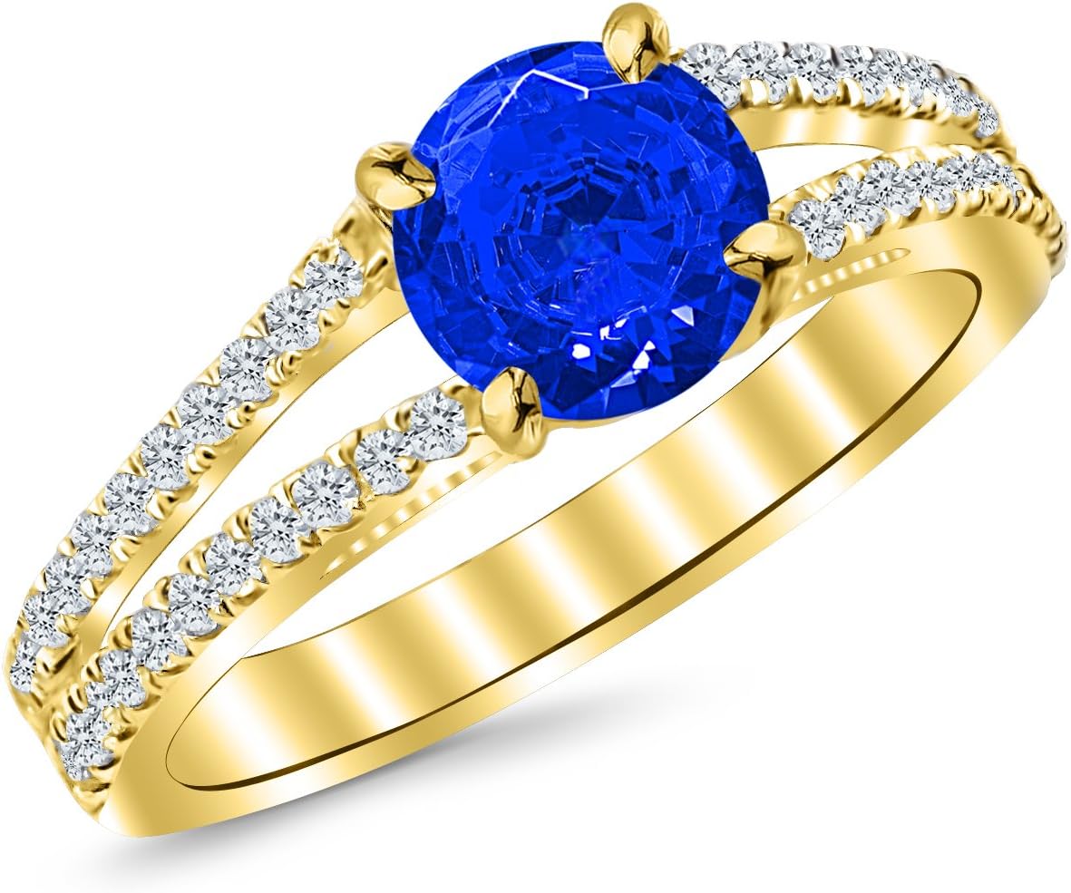 Houston Diamond District 1.4 Carat Classic Double Row Pave Set Split Shank Diamond Engagement Ring with a 1 Carat Natural Blue Sapphire Center (Heirloom Quality)