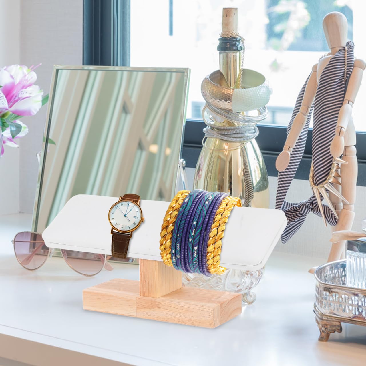 MUCKLILY Wooden Leather Bracelet Display Stand Multi-function Jewelry Rack Organizer for Bracelets Watches and Bangles Stylish Showcase for Tabletop Storage and Display