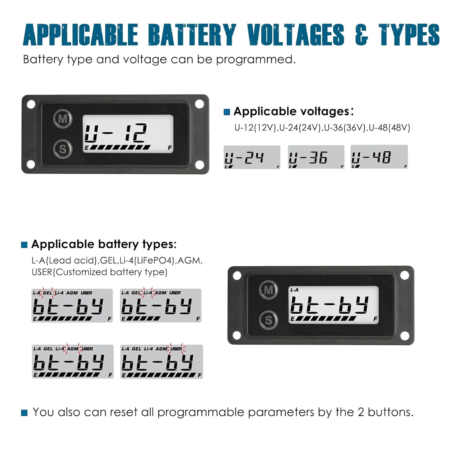 Display examples of programmable battery voltages and types for the Runleader RL-BI609B battery meter.