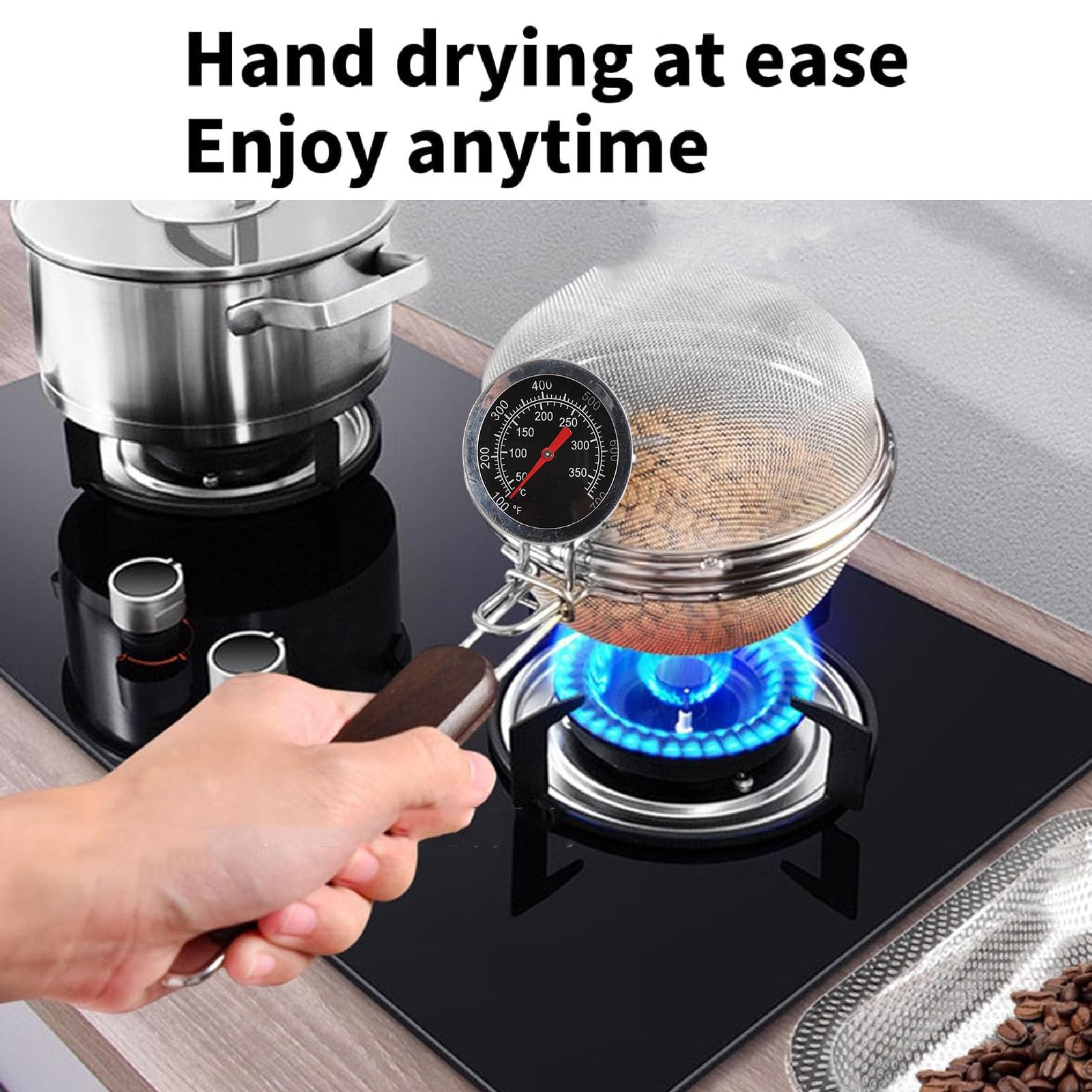 Manueller Kaffeebohnenröster mit Thermometer, Pfannenröstgerät aus Edelstahlgeflecht mit Holzgriff für den Heimgebrauch Im Freien auf Dem Gasherd Beim Camping