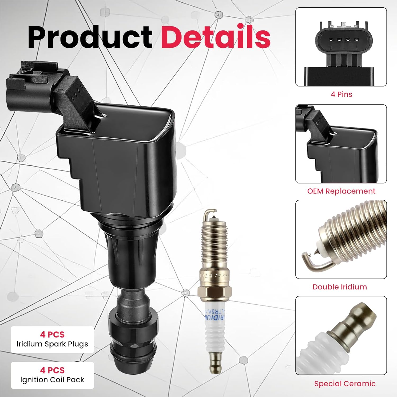 UF491 Ignition Coil Pack & Double Iridium Spark Plugs Set of 4, Compatible with Buick, Chevy Cobalt Equinox Malibu Orlando HHR, GMC Terrain, Pontiac G5 G6, Saturn Replaces D522C, 12638824 C1552