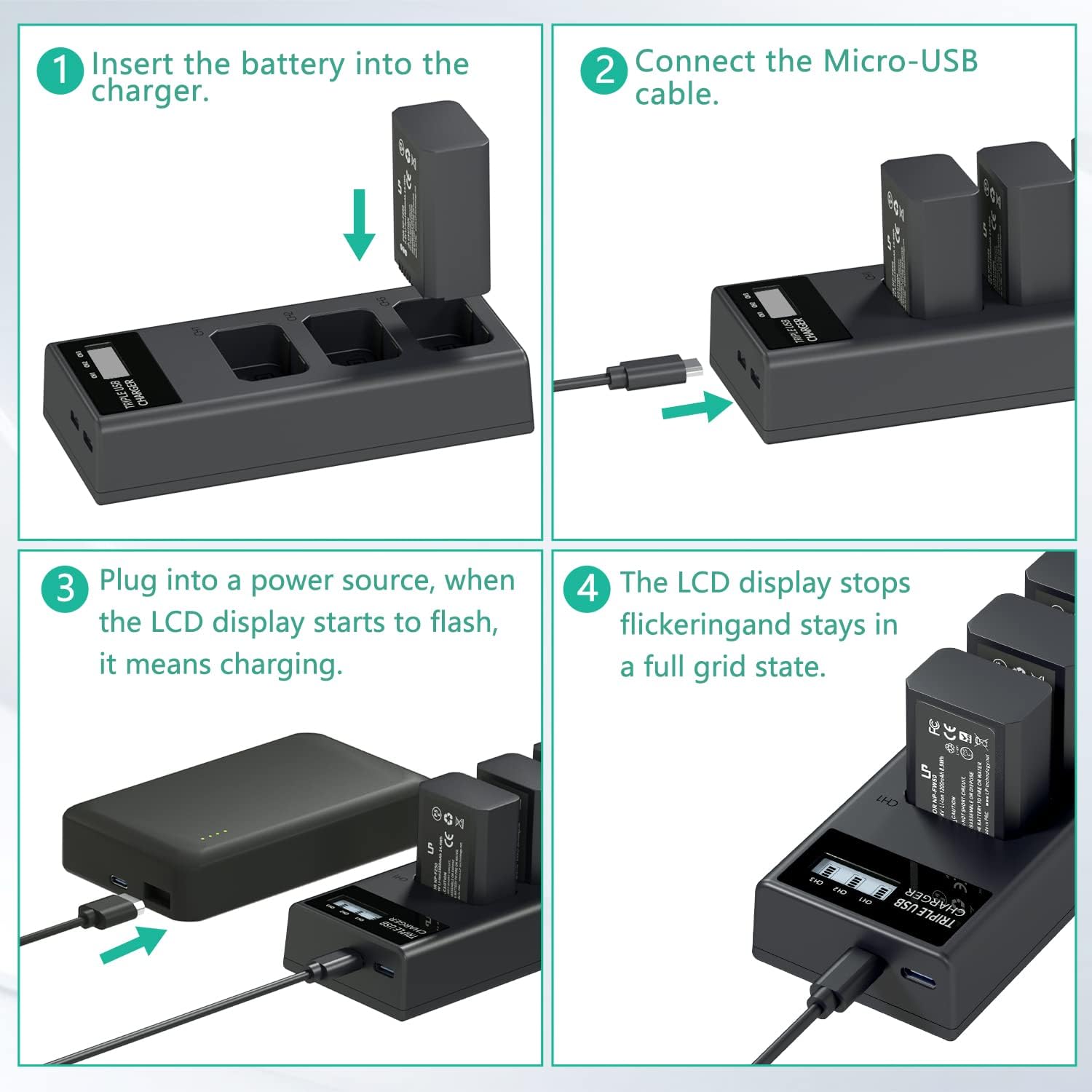 LP NP-FW50 Battery Charger Pack, 3-Pack 1200mAh Battery & Triple Slot Charger for Alpha A5000, A5100, A6000, A6100, A6300, A6400, A6500, A7, A7II, A7R, A7RII, A7S, A7SII, RX10, RX10III, RX10IV, EV-10