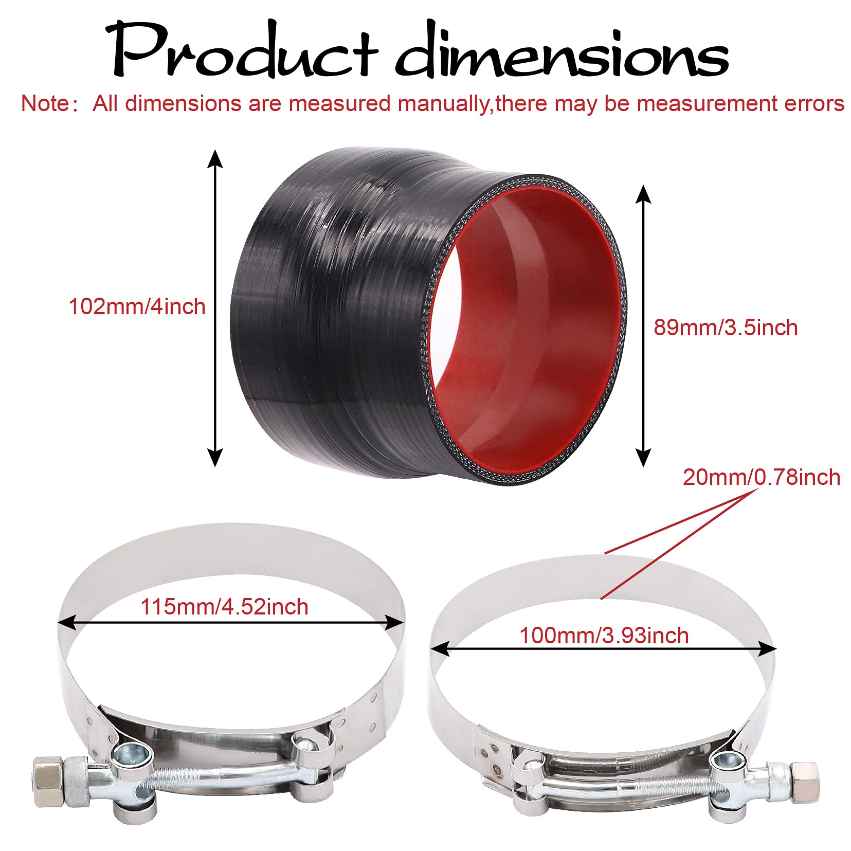 Photo 1 of TuoLauthon Straight ID 3.5 to 4 inch Black Silicone Reducer Coupler with 2 T-Bolt Clamps 4 Layers of Polyester Reinforcement Suitable High Level Turbo Pipe