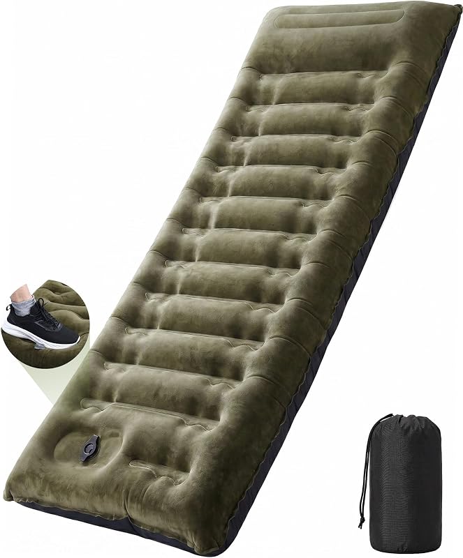 Camping Sleeping Pad 5.5 R Crystal Velvet 6" Thick Camping Mat | Non-Slip Flocked Top-Quiet & Warm, Side-Sleep Comfort. 210D Nylon-Tough, Abrasion-Proof, Built-in Foot Pump
