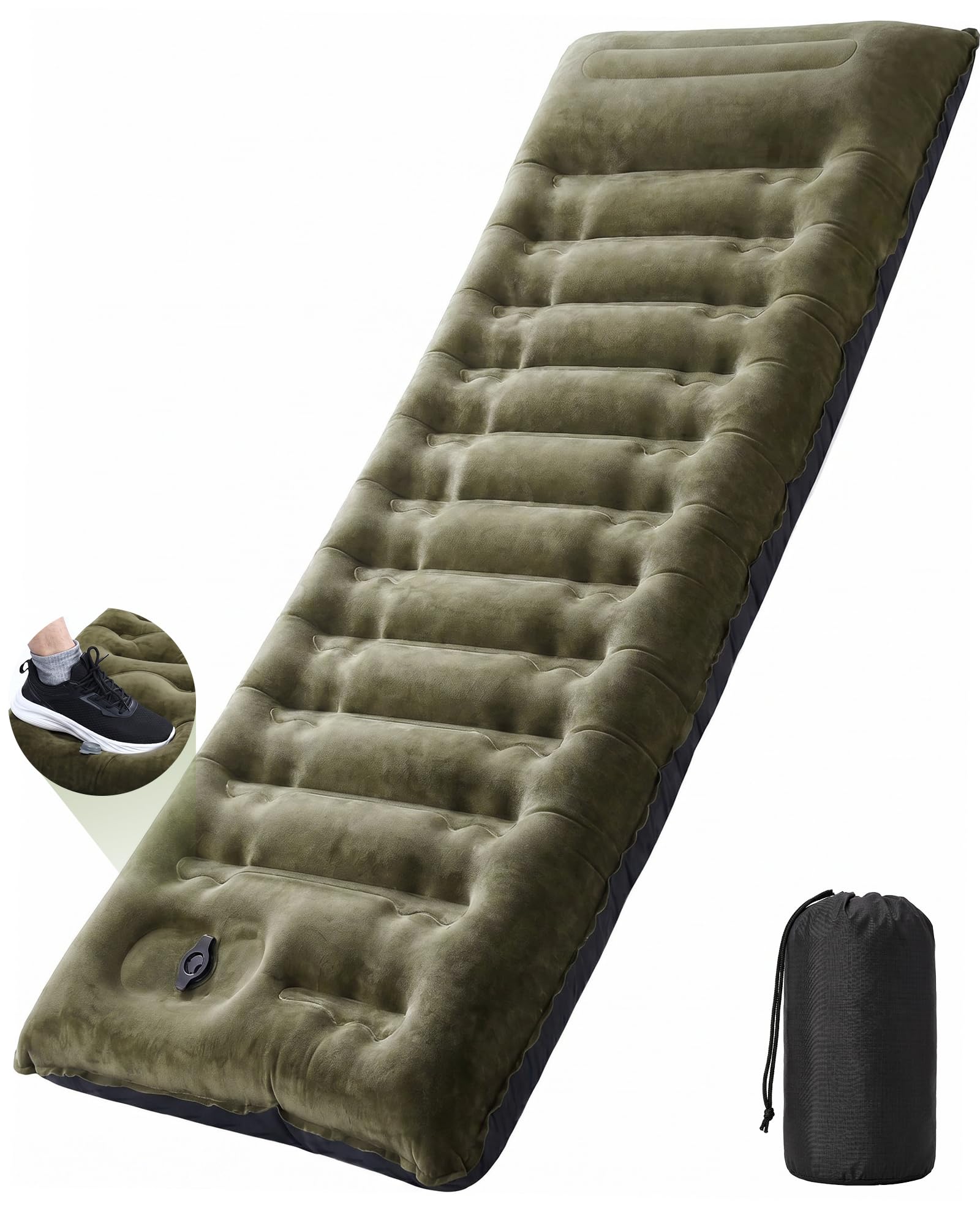 Camping Sleeping Pad 5.5 R Crystal Velvet 6" Thick Camping Mat | Non-Slip Flocked Top-Quiet & Warm, Side-Sleep Comfort. 210D Nylon-Tough, Abrasion-Proof, Built-in Foot Pump
